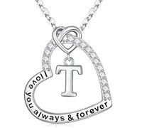M MOOHAM Initial Necklaces for Women - 14K White Gold Plated Dainty Silver Initial Heart Necklace Letter T CZ Necklaces Jewellery for Her Wife Mum Birthday Gifts for Women Her Wife
