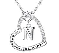M MOOHAM Initial Necklaces for Women - 14K White Gold Plated Dainty Silver Initial Heart Necklace Letter N Necklaces Personalised Birthday Gifts for Women Wife Mum