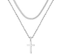 M MOOHAM Men's Cross Necklace, 2PCS Stainless Steel Necklace for Men, Silver/Gold/Black Sturdy Non-Fading Cuban Rope Chain Necklace Valentine's Day Jewelry Gifts for Men Teen
