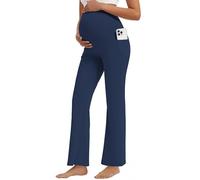 M MOTEEPI Maternity Yoga Pants Over The Belly with Pockets - Stretchy Pregnancy Wide Leg Dress Trousers for Work Lounge, Navy Blue, M Petite