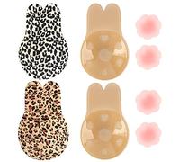 M MUNCASO 2 Pack Women Adhesive Bras,Rabbit Ears Invisible Nipple Covers Backless Sticky Bra Breast Lift Up Gel Lifting Breast Bra (A/B, Brown Leopard + White Leopard)