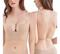 M MUNCASO Women Push Up Bras U-Shaped Gathered Deep V Plunge Backless Low Back Bra with Multiway Strap Convertible Lifting Up Bra Underwear,Nude Color