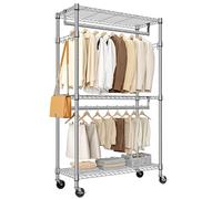 M MZG Heavy Duty Rolling Garment Rack 3 Tiers Adjustable Wire Shelving Clothes Rack with 2 Rods and Side Hooks,Storage Closet Clothing Rack with Wheels Chrome 15.7" D x 29.5" W x 74.5" H