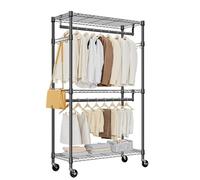 M MZG Heavy Duty Rolling Garment Rack 3 Tiers Adjustable Wire Shelving Clothes Rack with 2 Rods and Side Hooks,Storage Closet Clothing Rack with Wheels Black 15.7" D x 29.5" W x 74.5" H