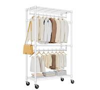 M MZG Heavy Duty Rolling Garment Rack 3 Tiers Adjustable Wire Shelving Clothes Rack with 2 Rods and Side Hooks,Storage Closet Clothing Rack with Wheels White 15.7" D x 29.5" W x 74.5" H