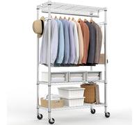 M MZG Heavy Duty Rolling Garment Rack 3 Tiers Adjustable Wire Shelving Clothes Rack with Rods and Side Hooks,Storage Closet Clothing Rack with Wheels Chrome 40 x 75 x 189.3 cm