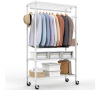 M MZG Heavy Duty Rolling Garment Rack 3 Tiers Adjustable Wire Shelving Clothes Rack with Rods and Side Hooks,Storage Closet Clothing Rack with Wheels White 15.7" D x 29.5" W x 76.8" H