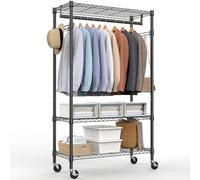 M MZG Heavy Duty Rolling Garment Rack 3 Tiers Adjustable Wire Shelving Clothes Rack with Rods and Side Hooks,Storage Closet Clothing Rack with Wheels Black 40 x 75 x 189.3 cm