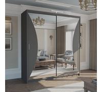 M N Furniture Ltd M N Furniture Grey Sliding Wardrobe With Curved Mirror And Led Light, Mdf Bedroom Storage Cabinet, 203Cm