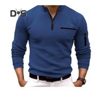 (M, navy blue) Fall Spring Men Shirt Zippered Half-open Stand Collar Solid Color Formal Business Style Stretchy Office Meeting Daily Top