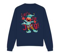 (M, Navy) Sesame Street Unisex Adult Let's Be Jolly Elmo Elf Christmas Sweatshirt