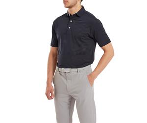 (M, Navy/White) FootJoy Mens Dot Print Lisle Four Way Stretch Wicking Golf Polo Shirt