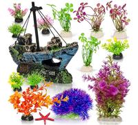 M PELOSA Fish Tank Decorations - Shipwreck & 13 Artificial Plants Set, 14 Piece Aquarium Decorations, Non-Toxic Resin, Weighted Base Plants, Safe for Betta Goldfish Tropical Fish