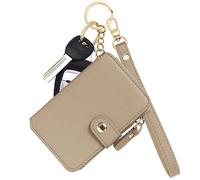 M-Plateau Womens Wallet Leather Keychain Wallet With Zipper Coin Pocket ID Window Wrist Strap Gift Box, Khaki, S, Little Clutch