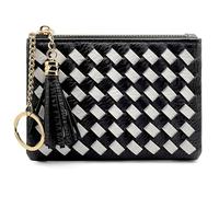 M-Plateau Woven Leather Card Wallet with Tassel, Women's Small Purse with Keychain, Black White, Casual