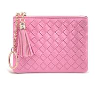M-Plateau Woven Leather Card Wallet with Tassel, Women's Small Purse with Keychain, Pink, Casual