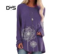 (M, purple) Women's Plus Size Tunic Top Dandelion Print Longline Shirt Crew Neck Long Sleeve Pullover Tee Casual Loose Fit Blouse for Work Daily Life