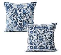 M-Qizi Blue Throw Pillow Covers - Linen Blue Pillow Covers 18x18 Set of 2, Decorative Blue and White Pillow Covers, Chinoiserie Pillow Cover, Chinoiserie Decor