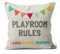 M-Qizi Playroom Rules Throw Pillow Cover, Gift for Son, Daughter, Child, Playroom Rules Pillow Case for Sofa Bed Playroom Couch, 18 x 18 Inch, Linen Game Theme Playroom Decor