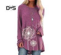 (M, red) Women's Plus Size Tunic Top Dandelion Print Longline Shirt Crew Neck Long Sleeve Pullover Tee Casual Loose Fit Blouse for Work Daily Life