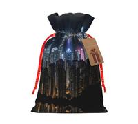 M Reusable Christmas Bag - Aerial Night of View Hong Kong Print Drawstring Gift Pouch for Holiday, Birthday, and Wedding Presents
