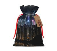 M Reusable Christmas Bag - Aerial Night of View Hong Kong Print Drawstring Gift Pouch for Holiday, Birthday, and Wedding Presents