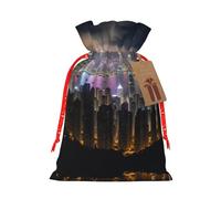 M Reusable Christmas Bag - Aerial Night of View Hong Kong Print Drawstring Gift Pouch for Holiday, Birthday, and Wedding Presents