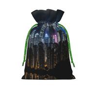 M Reusable Christmas Bag - Aerial Night of View Hong Kong Print Drawstring Gift Pouch for Holiday, Birthday, and Wedding Presents