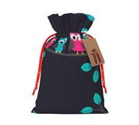 M Reusable Christmas Bag - Cute Owls Full Print Drawstring Gift Pouch for Xmas, Holiday, Party, Wedding, Birthdays
