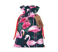 M Reusable Christmas Bag - Flamingo Floral Printed Print Drawstring Gift Pouch for Holiday, Birthday, and Wedding Presents