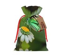M Reusable Christmas Bag - Green leaf colorful butterfly Print Drawstring Gift Pouch for Holiday, Birthday, and Wedding Presents