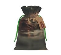 M Reusable Christmas Bag - Hippopotamus observing the shore Full Print Drawstring Gift Pouch for Xmas, Holiday, Party, Wedding, Birthdays