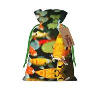 M Reusable Christmas Bag - Japanese Pretty Koi Fish Print Drawstring Gift Pouch for Holiday, Birthday, and Wedding Presents