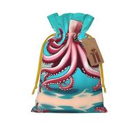 M Reusable Christmas Bag - Octopus's Joy Full Print Drawstring Gift Pouch for Xmas, Holiday, Party, Wedding, Birthdays
