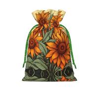 M Reusable Christmas Bag - Spring Sunflowers Retro Flowers Print Drawstring Gift Pouch for Holiday, Birthday, and Wedding Presents