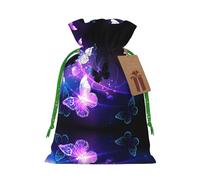 M Reusable Christmas Bag - White Purple Butterflies Full Print Drawstring Gift Pouch for Xmas, Holiday, Party, Wedding, Birthdays