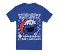 (M, Royal Blue) Sesame Street Unisex Adult Ugly Christmas Cookie Monster Heather T-Shirt