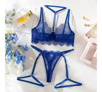 (M, royal blue) Sexy lingerie gathers neck bra underwear lace perspective temptation Valentine's Day women's multi-piece suit