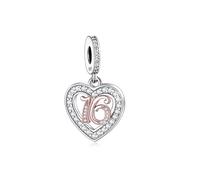 M&S 16 16th Sixteen Birthday Anniversary Rose Gold Love Heart Charm Bead Pendant, 925 Sterling Silver Dangle Charm, Compatible With Pandora & European Bracelet …