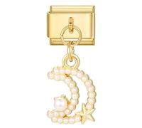 M&S 18K Birthday Rose Gold Silver Evil Eye Dangle Butterfly Hamsa Mum Mom Daughter Stainless Steel 9mm Italian Link Charm Compatible With Nomination Bracelet (Pearl 18K Moon)