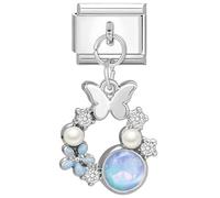 M&S 18K Birthday Rose Gold Silver Evil Eye Dangle Butterfly Hamsa Mum Mom Daughter Stainless Steel 9mm Italian Link Charm Compatible With Nomination Bracelet (Moonstone Butterfly Pearl Bow)