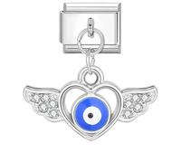 M&S 18K Birthday Rose Gold Silver Evil Eye Dangle Butterfly Hamsa Mum Mom Daughter Stainless Steel 9mm Italian Link Charm Compatible With Nomination Bracelet (Evil Eye Angel Wing)