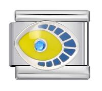 M&S 18K Cross Jesus Evil Eye Birthday Camellia Mum Daughter Dog Cat Silver Stainless Steel 9mm Italian Link Charm Compatible With Nomination Bracelet (Evil Eye Yellow Crystal Enamel Protection)