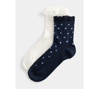 M&S 2 Pack Floral Ribbed Ruffle Quarter Socks Navy Mix