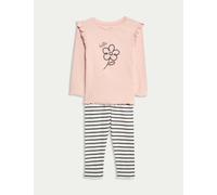 M&S 2pc Cotton Rich Flower Top & Bottom Outfit (0-6 Yrs) Cream Mix