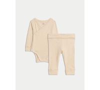 M&S 2pc Cotton Rich Grow with Me Outfit (0-3 Yrs) Oatmeal