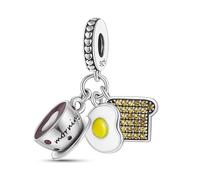 M&S Breakfast Charm Morning Coffee Toast Fried Egg Love Heart Charm Crystal Bead Pendant, 925 Sterling Silver Dangle Charm, Compatible With Pandora & European Bracelet …