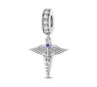 M&S Caduceus Charm Angel Medical Hospital Doctor Nurse Snake Charm Crystal Bead Pendant, 925 Sterling Silver Dangle Charm, Compatible With Pandora & European Bracelet …