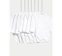 M&S Collection 7pk Pure Cotton Long Sleeve Bodysuits (5lbs-3 Yrs) - 12-18 - White, White