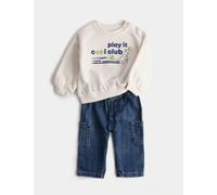 M&S Collection Boys 2pc Cotton Rich Dinosaur Sweatshirt Jeans Outfit (0 Mths-3 Yrs) - 12-18 - Cream Mix, Cream Mix